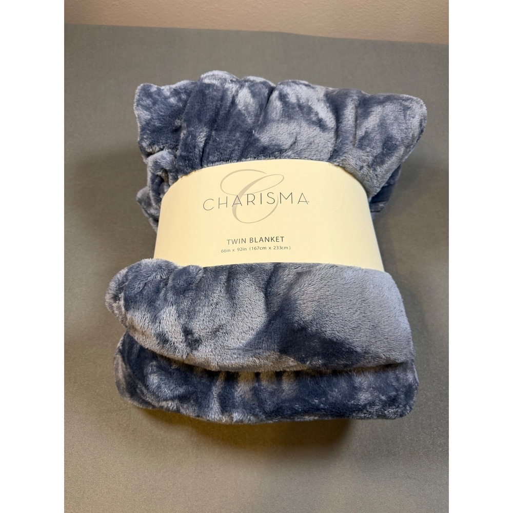 Charisma Twin Blanket Blue Grey Marbled Plush Soft Oversized 66in x 92in NEW